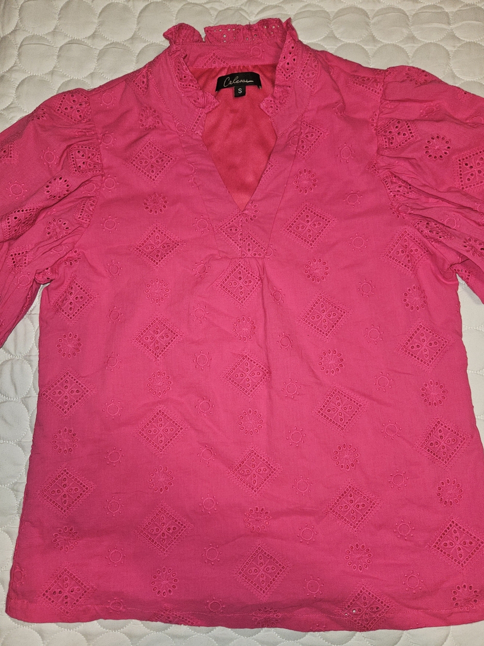 Calessa Eyelet V-Neck Ruffle Blouse in Bright Pink